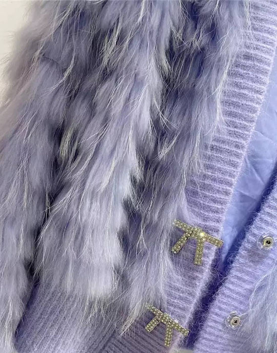 Genuine Raccoon Fur Ribbon Button Sweater - BEYAZURA.COM