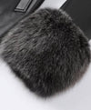Genuine Sheepskin Leather Fox Fur Trimmed Coat In Coffee - BEYAZURA.COM
