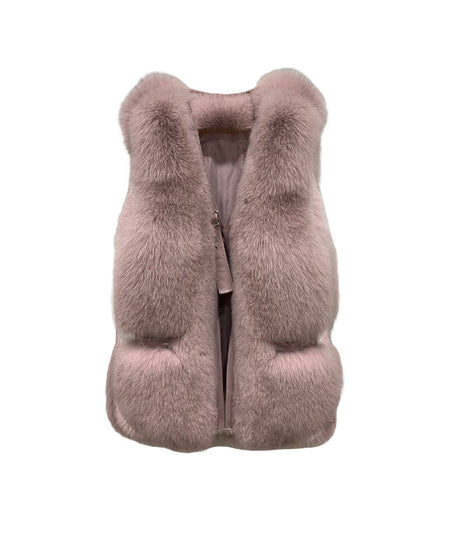 Genuine Striped Paneled Fox Fur Vest Gilet In Dusty Pink - BEYAZURA.COM
