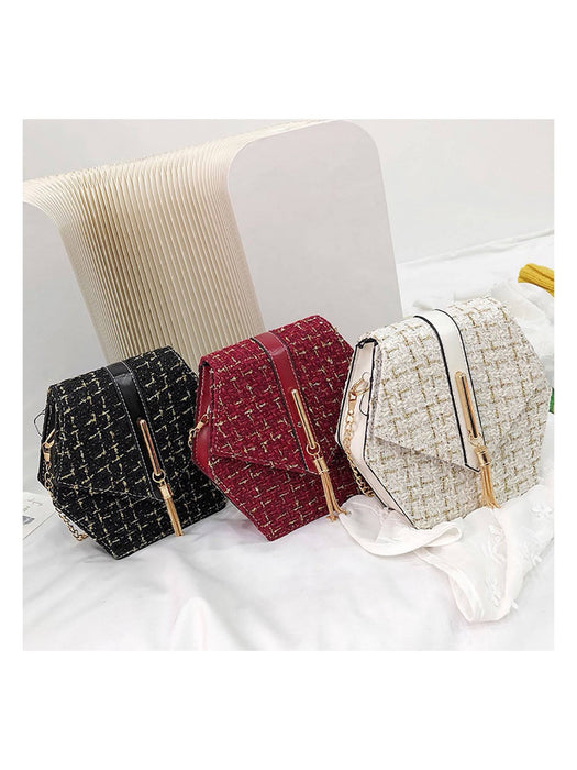 Geometrical Tweed Flap Bag With Gold Tassel - BEYAZURA.COM