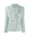 Gold Button Tweed Blazer In Blue Green - BEYAZURA.COM