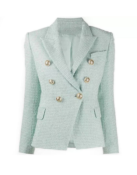 Gold Button Tweed Blazer In Blue Green - BEYAZURA.COM