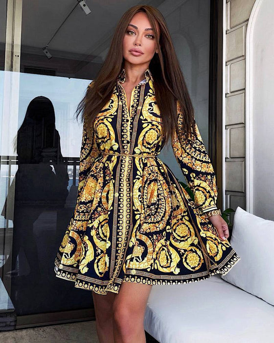 Gold Print Short Dress - BEYAZURA.COM