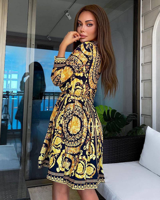 Gold Print Short Dress - BEYAZURA.COM