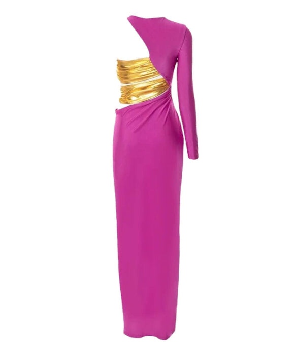 Gold Purple Ruched Long Gown - BEYAZURA.COM