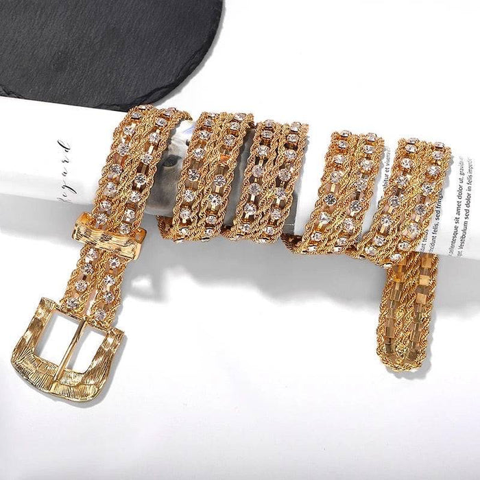 Gold Thick Chain Metal Belt With Crystals - BEYAZURA.COM