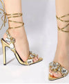 Golden Crystal Strappy High Heels - BEYAZURA.COM