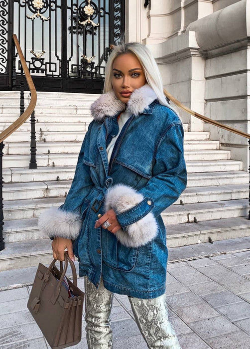 Goose Down Denim Coat With Fox Fur Trims - BEYAZURA.COM