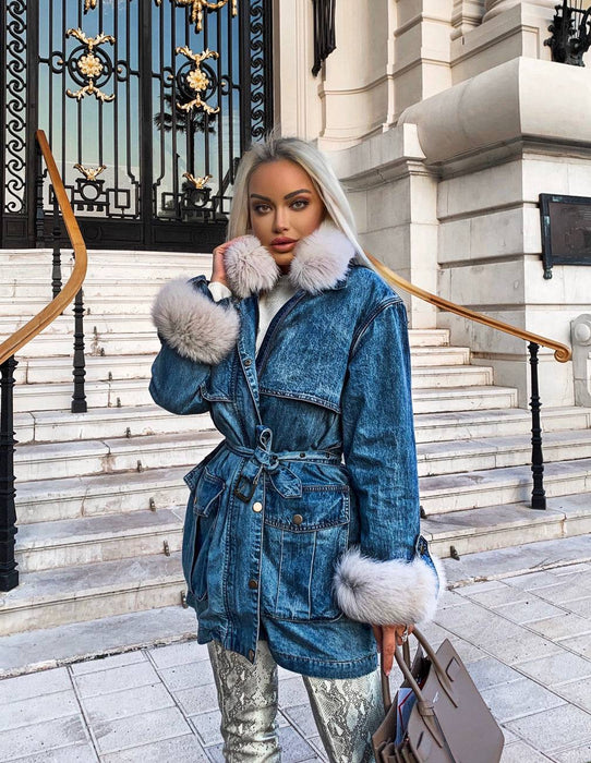 Goose Down Denim Coat With Fox Fur Trims - BEYAZURA.COM