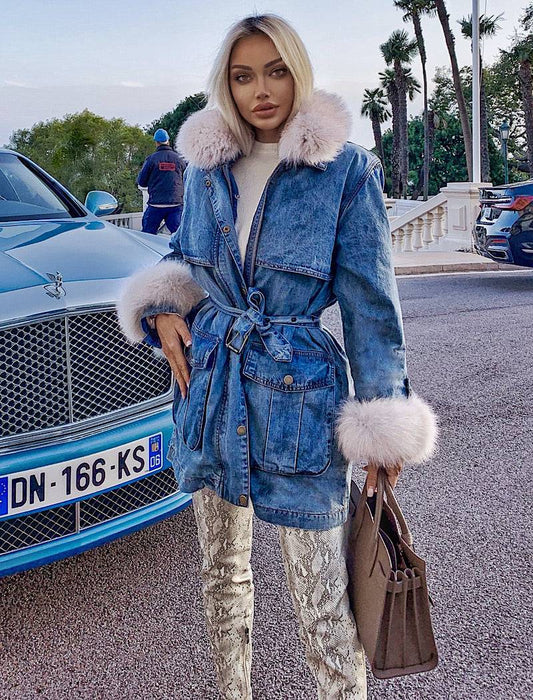 Goose Down Denim Coat With Fox Fur Trims - BEYAZURA.COM