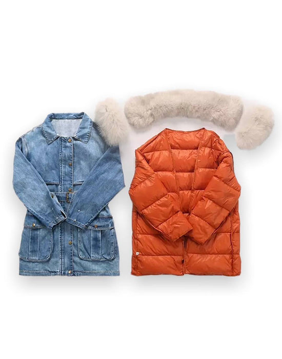 Goose Down Denim Coat With Fox Fur Trims - BEYAZURA.COM