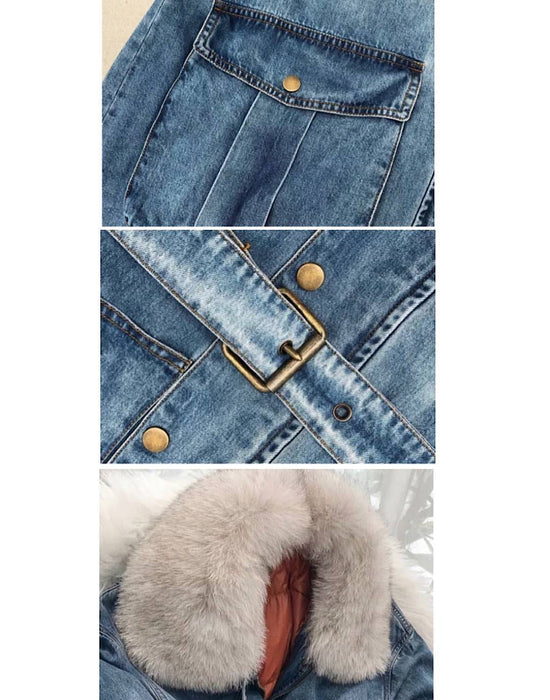 Goose Down Denim Coat With Fox Fur Trims - BEYAZURA.COM