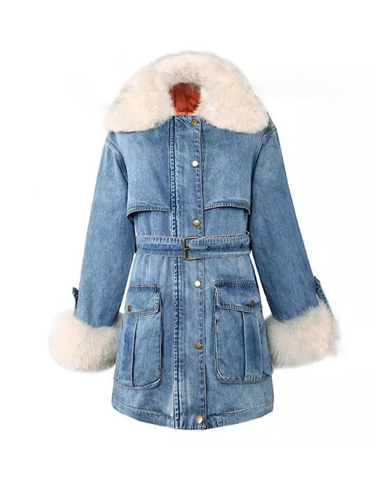 Goose Down Denim Coat With Fox Fur Trims - BEYAZURA.COM