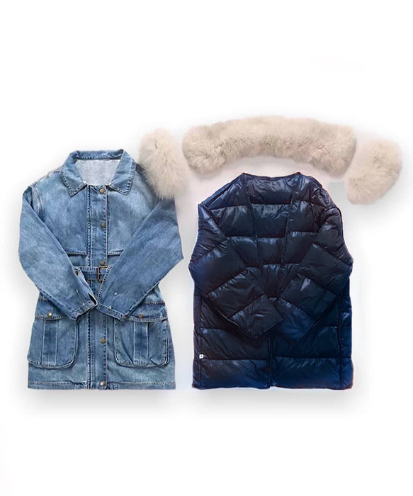 Goose Down Denim Coat With Fox Fur Trims - BEYAZURA.COM