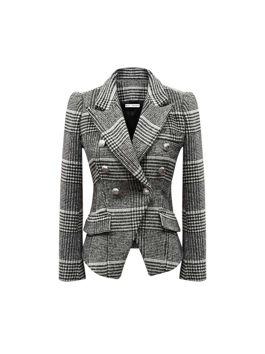 Gray Plaid Wool Notched Collar Blazer - BEYAZURA.COM