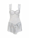 Gray Ruched Ruffle Sequin Striped Short Dress - BEYAZURA.COM