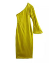 Green Satin One Sleeve Dress - BEYAZURA.COM