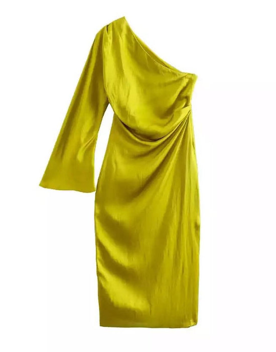 Green Satin One Sleeve Dress - BEYAZURA.COM