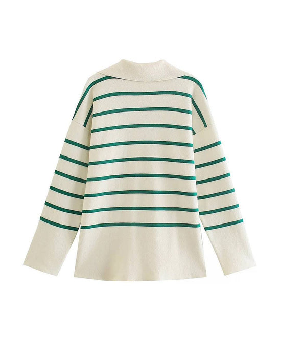 Green Striped Beige Knit Loose Sweater - BEYAZURA.COM