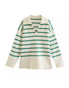 Green Striped Beige Knit Loose Sweater - BEYAZURA.COM
