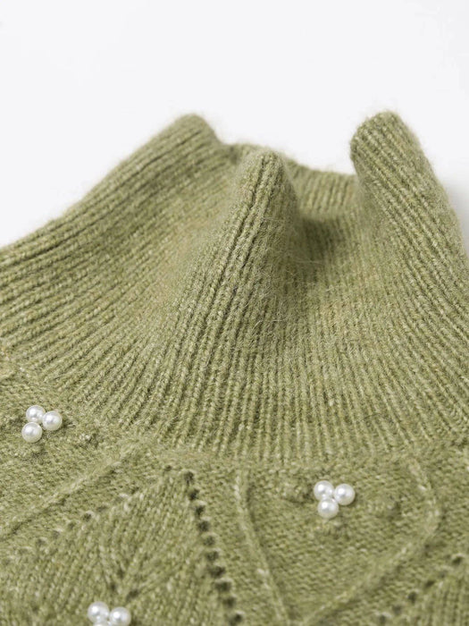 Green Turtleneck Short Sweater With Pearl Beads - BEYAZURA.COM
