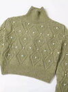 Green Turtleneck Short Sweater With Pearl Beads - BEYAZURA.COM