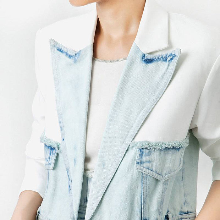 Half Denim Half Solid Long Blazer - BEYAZURA.COM