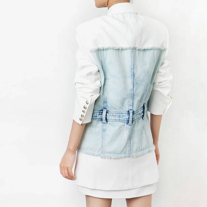 Half Denim Half Solid Long Blazer - BEYAZURA.COM