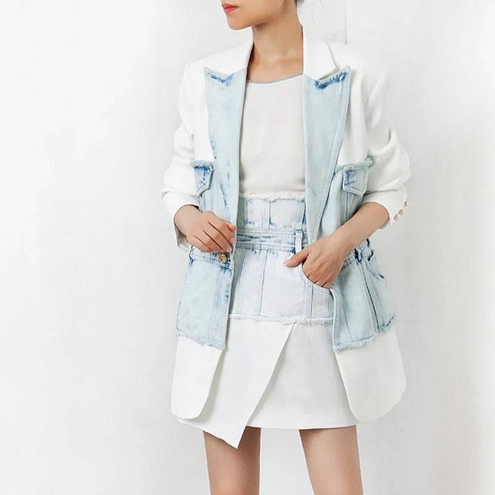 Half Denim Half Solid Long Blazer - BEYAZURA.COM