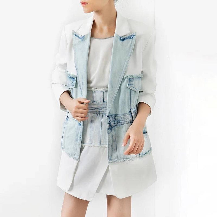 Half Denim Half Solid Long Blazer - BEYAZURA.COM