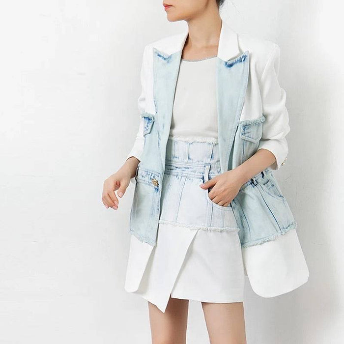 Half Denim Half Solid Long Blazer - BEYAZURA.COM