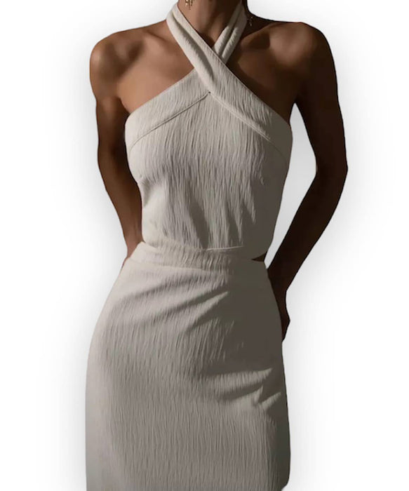 Halter Neck Cutout Long Dress In White - BEYAZURA.COM