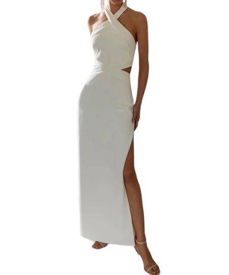 Halter Neck Cutout Long Dress In White - BEYAZURA.COM