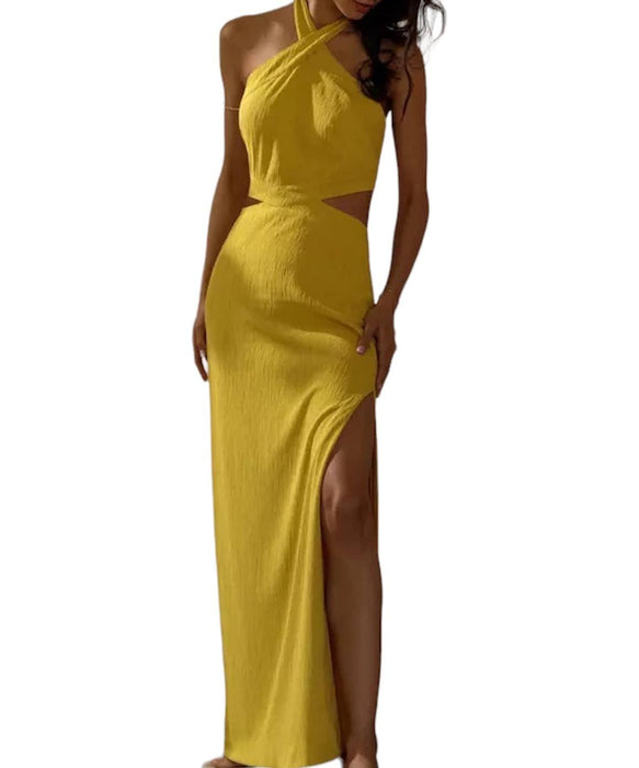 Halter Neck Cutout Long Dress In Yellow - BEYAZURA.COM
