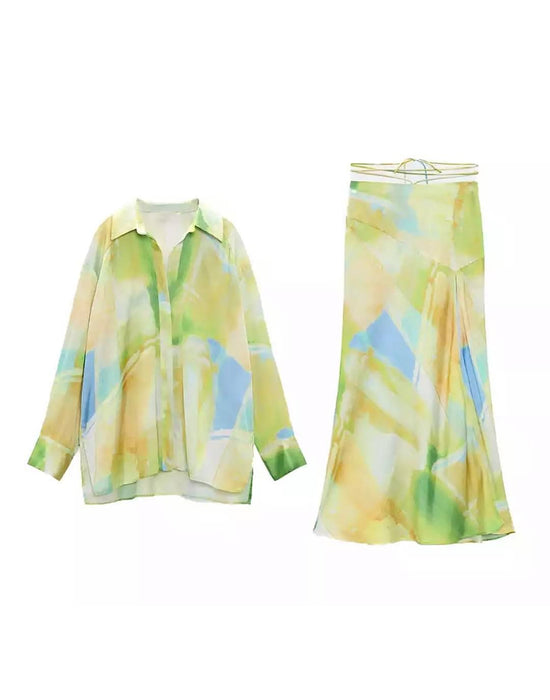 High Slit Printed Silky Satin Skirt - BEYAZURA.COM