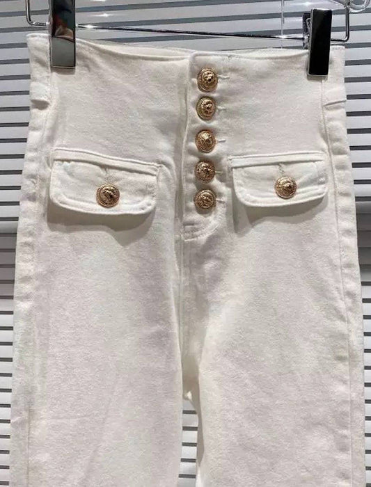 High Waisted Buttoned Denim Pants - BEYAZURA.COM
