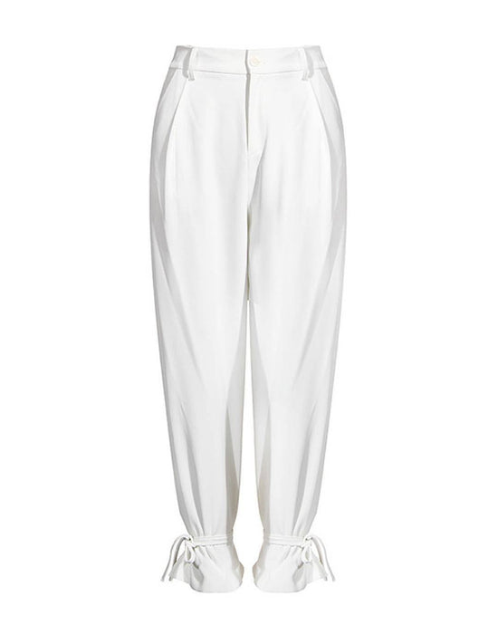 High Waisted Wide Laced Ankle Pants - BEYAZURA.COM