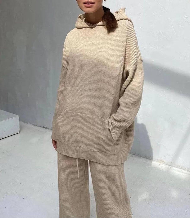 Hoodie Long Sleeve Top And Trouser Two Piece Knit Set - BEYAZURA.COM