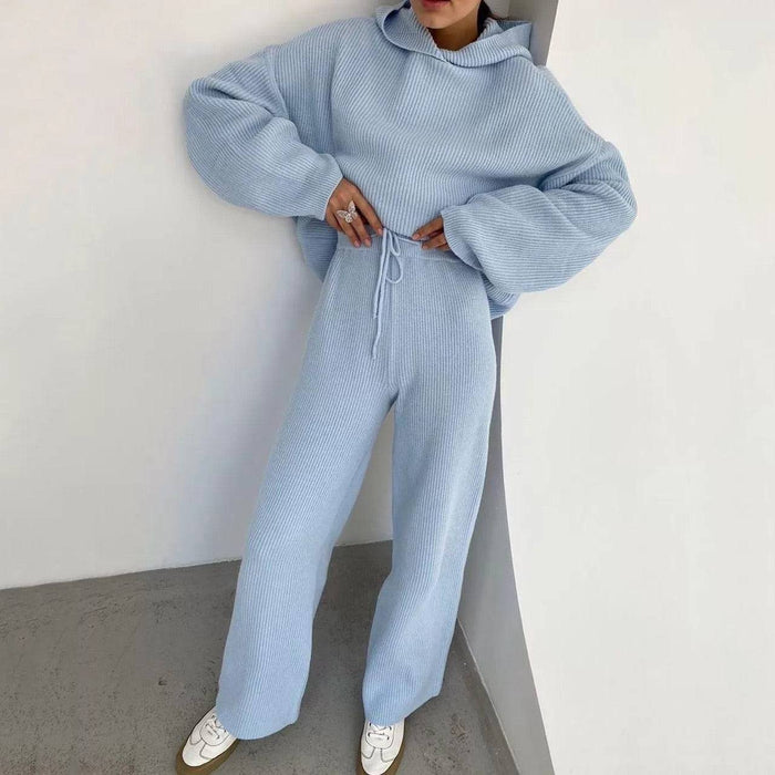 Hoodie Long Sleeve Top And Trouser Two Piece Knit Set - BEYAZURA.COM