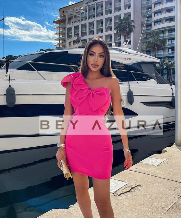 Hot Pink Bow Short Dress - BEYAZURA.COM