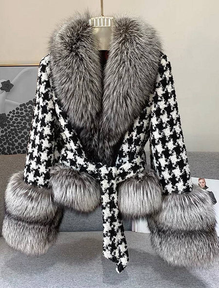 Houndstooth Black Fox Fur Trim Belted Wool Jacket - BEYAZURA.COM