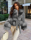 Houndstooth Black Fox Fur Trim Belted Wool Jacket - BEYAZURA.COM