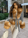 Houndstooth Brown Fox Fur Trim Belted Wool Jacket - BEYAZURA.COM