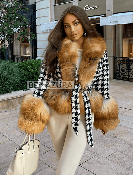 Houndstooth Brown Fox Fur Trim Belted Wool Jacket - BEYAZURA.COM