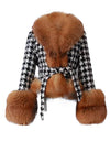 Houndstooth Fox Fur Trim Belted Wool Jacket - BEYAZURA.COM