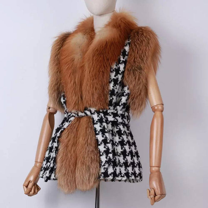 Houndstooth Fox Fur Trim Belted Wool Vest - BEYAZURA.COM