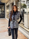 Houndstooth Fox Fur Trim Belted Wool Vest - BEYAZURA.COM