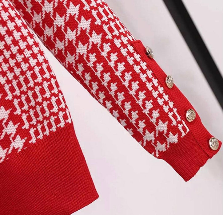 Houndstooth Knitted Long Sleeve Top and Elastic Waist Skirt Two Piece Set - BEYAZURA.COM
