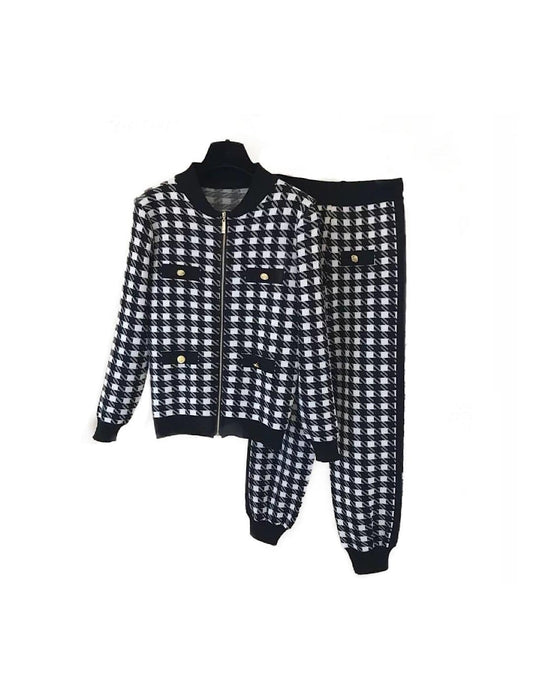 Houndstooth Long Sleeve Zipper Front Top and Pants Two Piece Loungewear Knit Set - BEYAZURA.COM