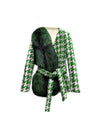 Houndstooth One Sided Fox Fur Trim Belted Wool Jacket - BEYAZURA.COM